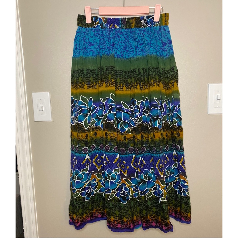 Perfect Bohemian Hippie Tropical Floral Flowy Poofy Blue Multicolor Maxi Skirt